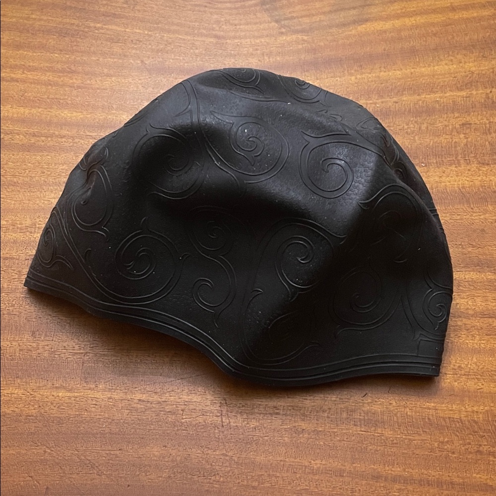 Vintage Black Rubber Bathing Swim Cap Swirl Carina France